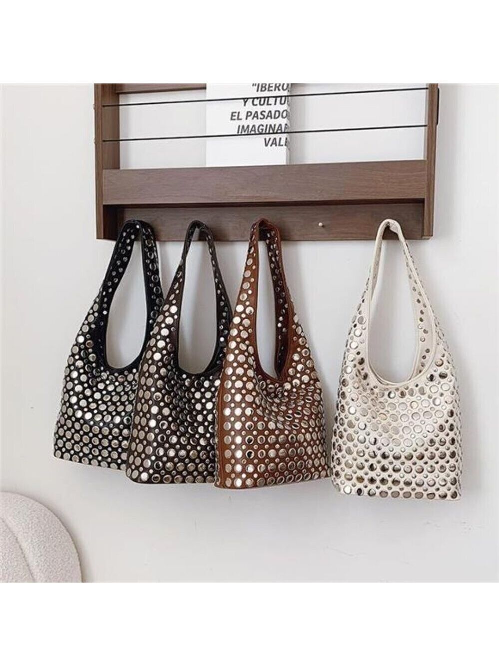 Y2K Hobo Shoulder Bag Punk Studded Top Handle Bag for Women Tote Handbag Black - Picture 3 of 7